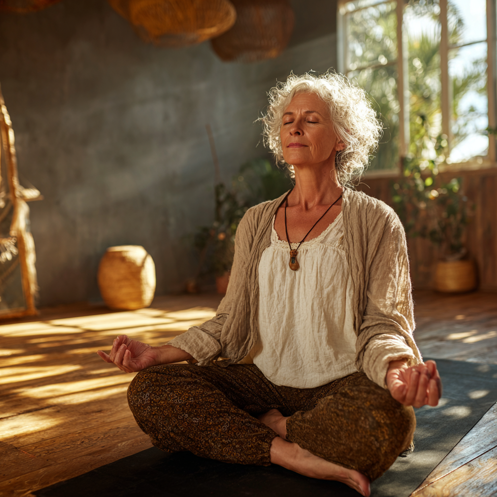 Mature woman practicing yoga meditation in peaceful studio environment